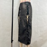 Sleek PU Leather Sexy Solid Color Split Tie-Front Bodycon Skirt