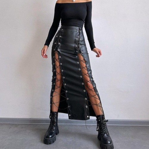 Sleek PU Leather Sexy Solid Color Split Tie-Front Bodycon Skirt