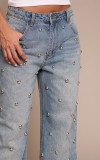 High-Waisted Straight Leg Denim Pants with Beaded Design for Women