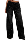 High-Waisted Straight Leg Denim Pants with Beaded Design for Women