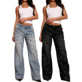 High-Waisted Straight Leg Denim Pants with Beaded Design for Women