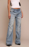 High-Waisted Straight Leg Denim Pants with Beaded Design for Women