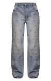 High-Waisted Straight Leg Denim Pants with Beaded Design for Women