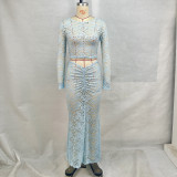Sheer Neckline High-Waisted Long Sleeve Bodycon Lace Dress Set
