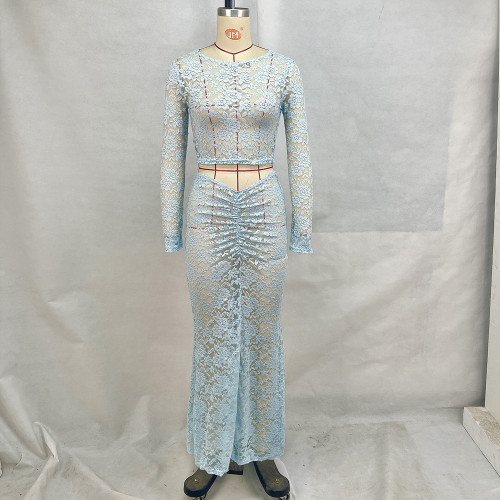 Sheer Neckline High-Waisted Long Sleeve Bodycon Lace Dress Set