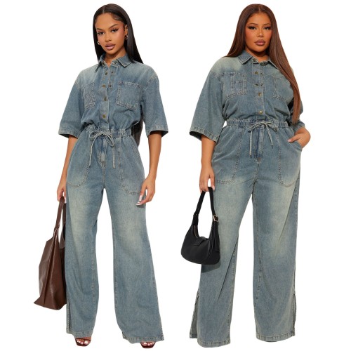 Stretch Waist Slim Fit Washed Denim Jumpsuit with Flared Split Pants