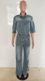 Stretch Waist Slim Fit Washed Denim Jumpsuit with Flared Split Pants