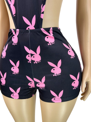 Printed Hollow Lace-Up Bodysuit + Slim Fit Bodycon Shorts Two-Piece Set