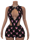 Printed Hollow Lace-Up Bodysuit + Slim Fit Bodycon Shorts Two-Piece Set