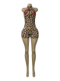 Cross Halter Deep V Backless Romper with Letter Print