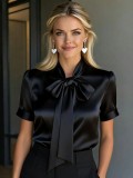 Satin Bow-Tie Short-Sleeve Blouse for Women