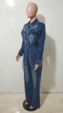 Slim Fit Stretch Frayed Long Sleeve Flared Denim Jumpsuit