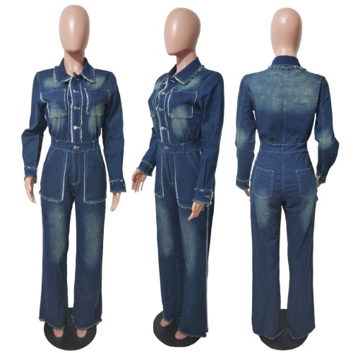 Slim Fit Stretch Frayed Long Sleeve Flared Denim Jumpsuit