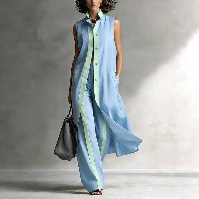 Stylish Color-Block Loose Fit Vest Cardigan Pants Set