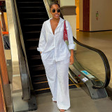Stylish White Long-Sleeve Shirt & Wide-Leg Pants Set