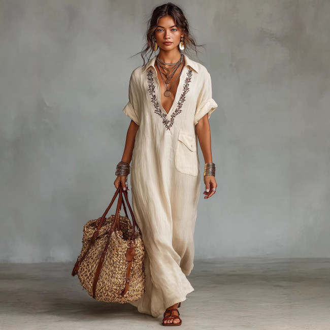 Elegant Loose Embroidered Dress with Pockets