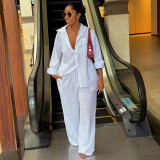 Stylish White Long-Sleeve Shirt & Wide-Leg Pants Set
