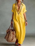 Elegant Loose Embroidered Dress with Pockets