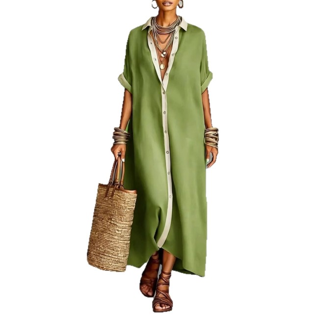 Color-Block Loose Fit Cotton Linen Long Shirt Dress