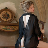 Sheer Chiffon Backless Shirt-Style Lingerie Nightdress with Chinese Buttons