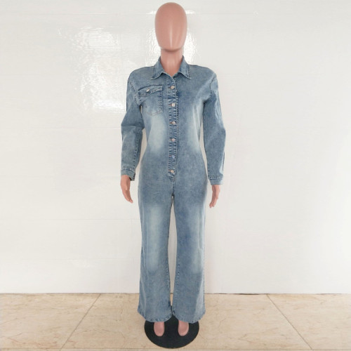 Slim Fit Stretch Flared Long Sleeve Washed Denim Jumpsuit