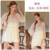 Sheer Lace Tie-Up Lingerie Set with Mesh Camisole and Robe