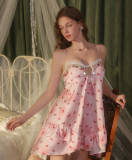 Elegant Satin Lace Butterfly Print Nightdress