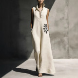Printed Pocket Stand Collar Cotton Linen Dress 