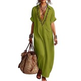 Elegant Loose Embroidered Dress with Pockets