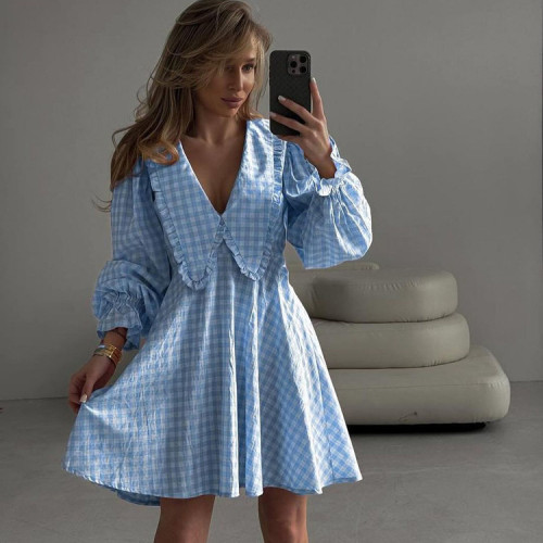 Pink Plaid Bow Collar Long Sleeve A-Line Dress for Women
