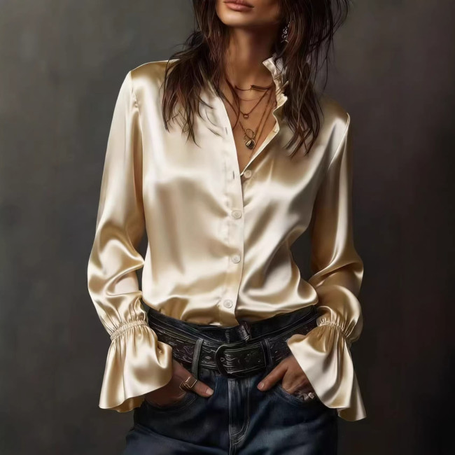 Elegant Solid Color Charmeuse Long Sleeve Shirt