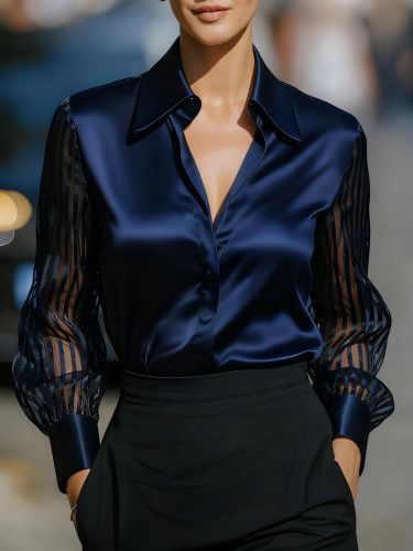 Loose Fit Solid Satin Long-Sleeve Shirt for Women
