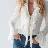 Ruffle Solid Color V-Neck Puff Sleeve Shirt
