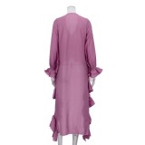 White V-Neck Bell Sleeve Blouse with Ruffle Hem