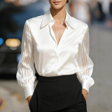 Loose Fit Solid Satin Long-Sleeve Shirt for Women