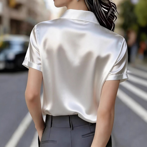 Elegant Satin Short-Sleeve Shirt with Double Pockets