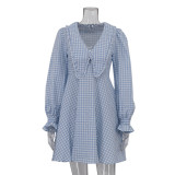 Pink Plaid Bow Collar Long Sleeve A-Line Dress for Women