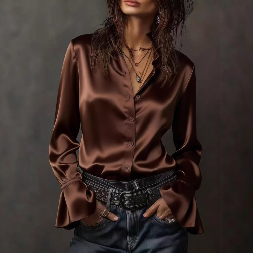 Elegant Solid Color Charmeuse Long Sleeve Shirt