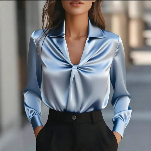 Stylish Solid Color Satin Ruched Long Sleeve Shirt