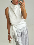 High-Neck Lace Trim Asymmetrical Satin Tank Top