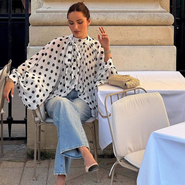 Chic Polka Dot Lantern Sleeve Blouse with Bow Tie