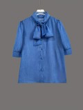 Elegant Blue Tie-Waist Half-High Neck Blouse