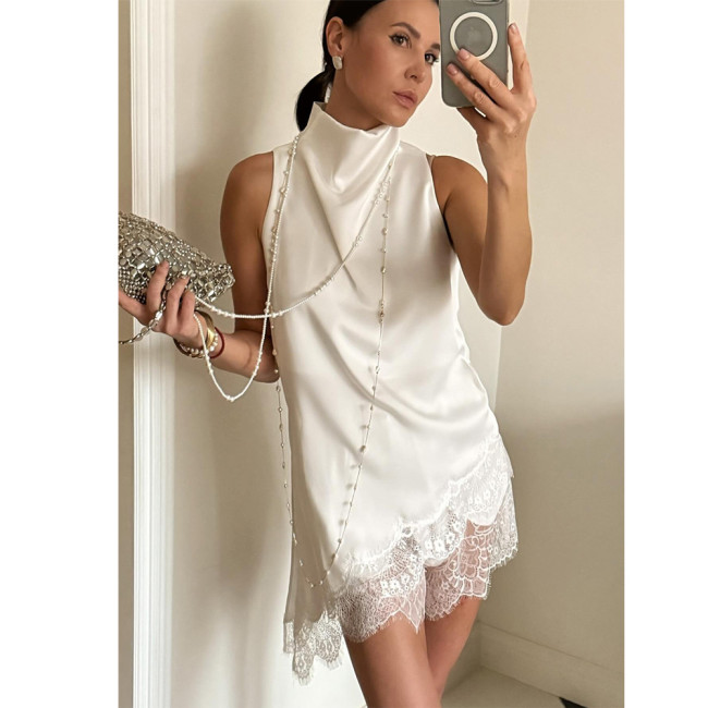 High-Neck Lace Trim Asymmetrical Satin Tank Top