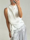 High-Neck Lace Trim Asymmetrical Satin Tank Top