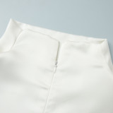 High-Neck Lace Trim Asymmetrical Satin Tank Top