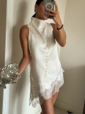 High-Neck Lace Trim Asymmetrical Satin Tank Top