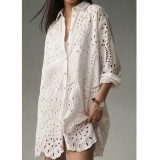 Casual Solid Color Hollow-Out Shirt with Snap Button Collar