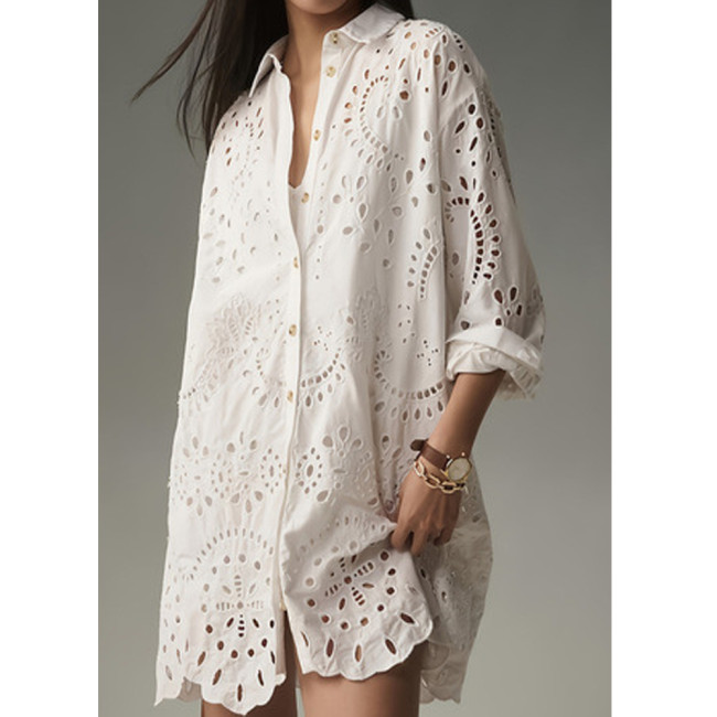 Casual Solid Color Hollow-Out Shirt with Snap Button Collar