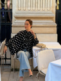 Chic Polka Dot Lantern Sleeve Blouse with Bow Tie