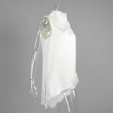 High-Neck Lace Trim Asymmetrical Satin Tank Top
